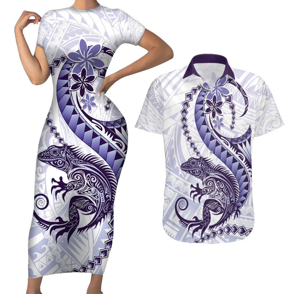 Purple Maori Tuatara Couples Matching Short Sleeve Bodycon Dress and Hawaiian Shirt Luxury Pastel Pattern LT01 Purple - Polynesian Pride