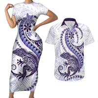 Purple Maori Tuatara Couples Matching Short Sleeve Bodycon Dress and Hawaiian Shirt Luxury Pastel Pattern LT01 Purple - Polynesian Pride