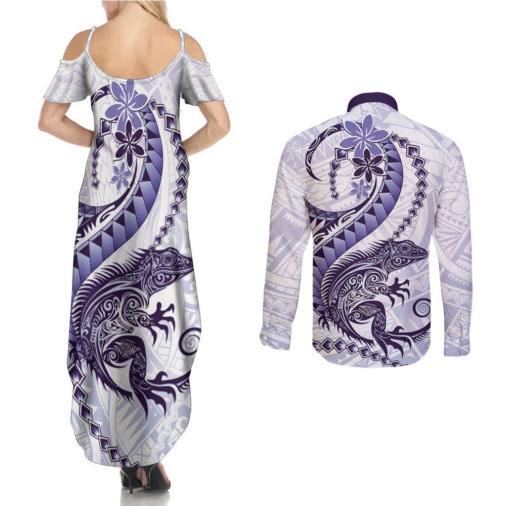 Purple Maori Tuatara Couples Matching Summer Maxi Dress and Long Sleeve Button Shirt Luxury Pastel Pattern LT01 - Polynesian Pride