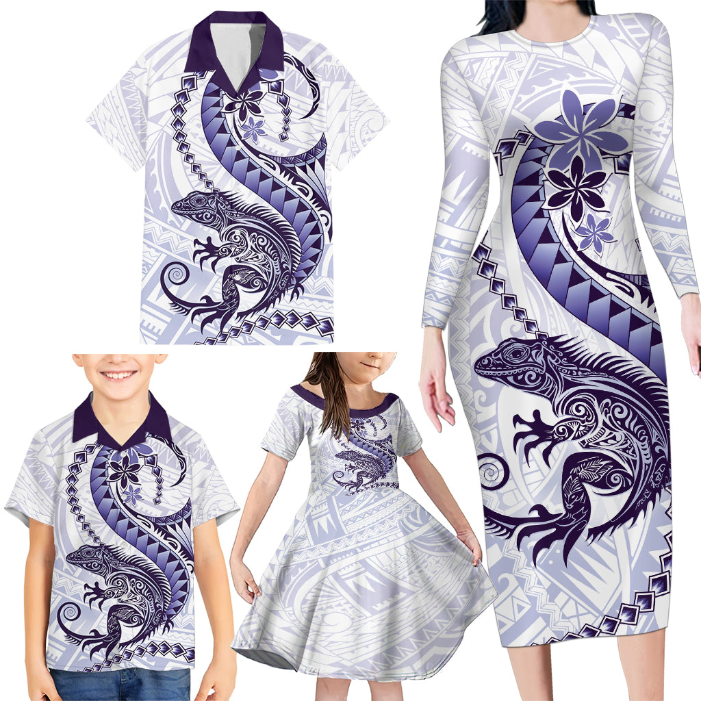 Purple Maori Tuatara Family Matching Long Sleeve Bodycon Dress and Hawaiian Shirt Luxury Pastel Pattern