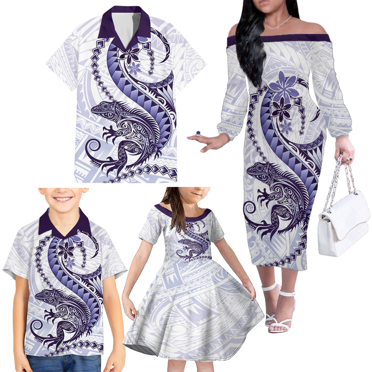 Purple Maori Tuatara Family Matching Off The Shoulder Long Sleeve Dress and Hawaiian Shirt Luxury Pastel Pattern LT01 - Polynesian Pride