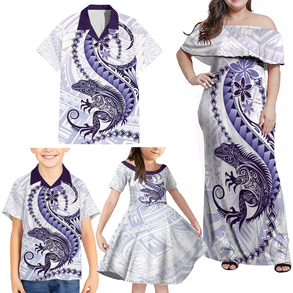 Purple Maori Tuatara Family Matching Off Shoulder Maxi Dress and Hawaiian Shirt Luxury Pastel Pattern