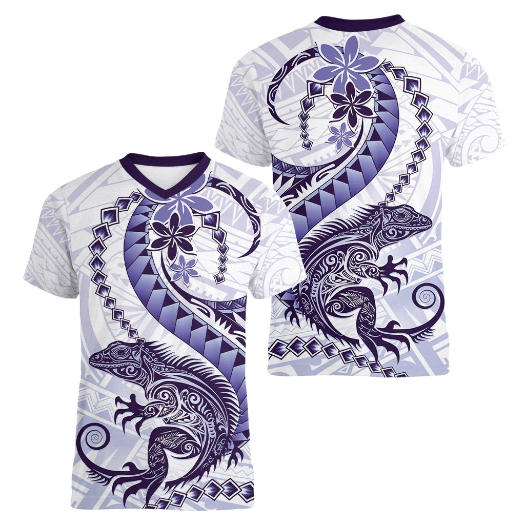 Purple Maori Tuatara Women V-Neck T-Shirt Luxury Pastel Pattern