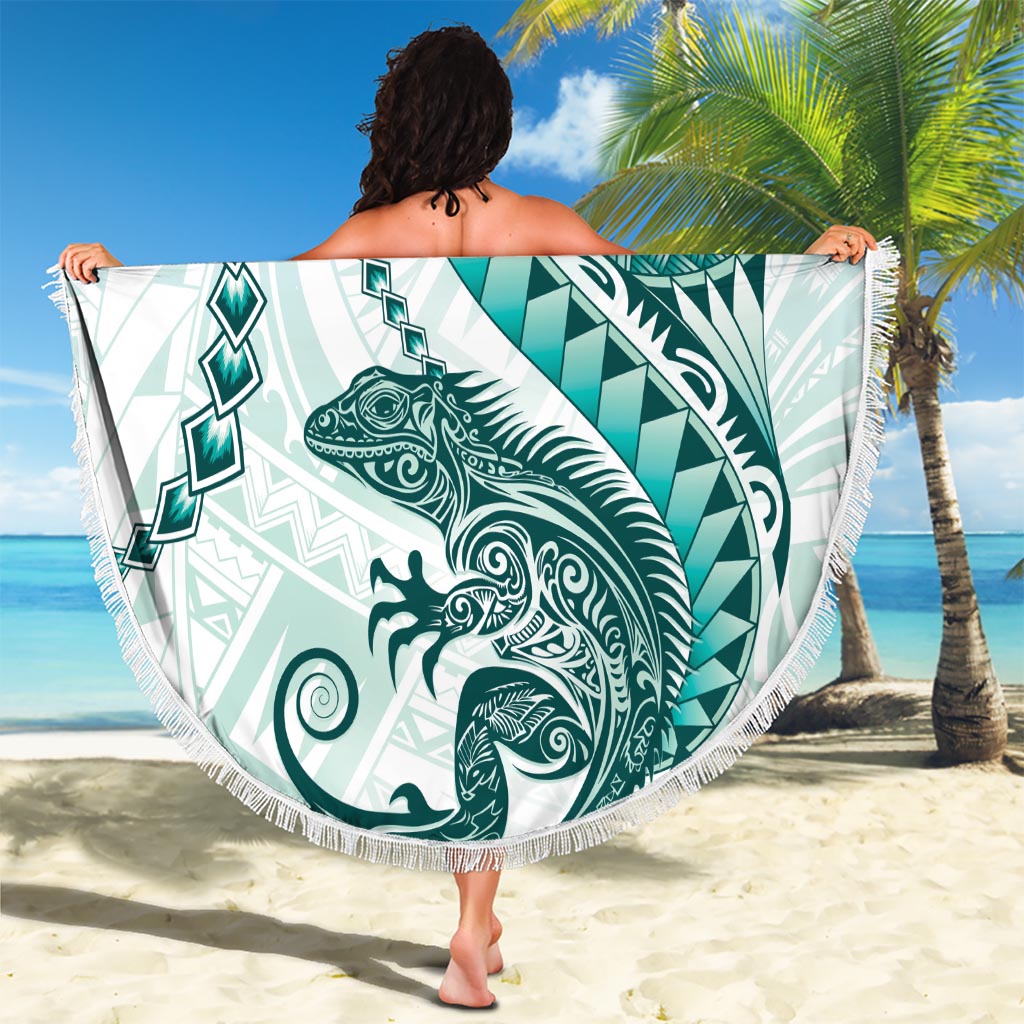 Teal Maori Tuatara Beach Blanket Luxury Pastel Pattern LT01 - Polynesian Pride