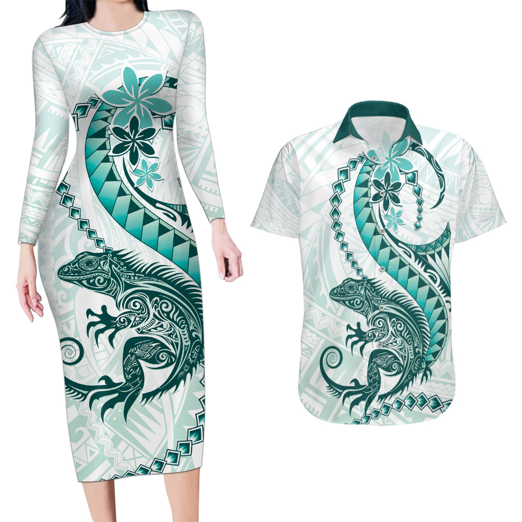 Teal Maori Tuatara Couples Matching Long Sleeve Bodycon Dress and Hawaiian Shirt Luxury Pastel Pattern