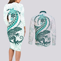 Teal Maori Tuatara Couples Matching Long Sleeve Bodycon Dress and Long Sleeve Button Shirt Luxury Pastel Pattern LT01 - Polynesian Pride
