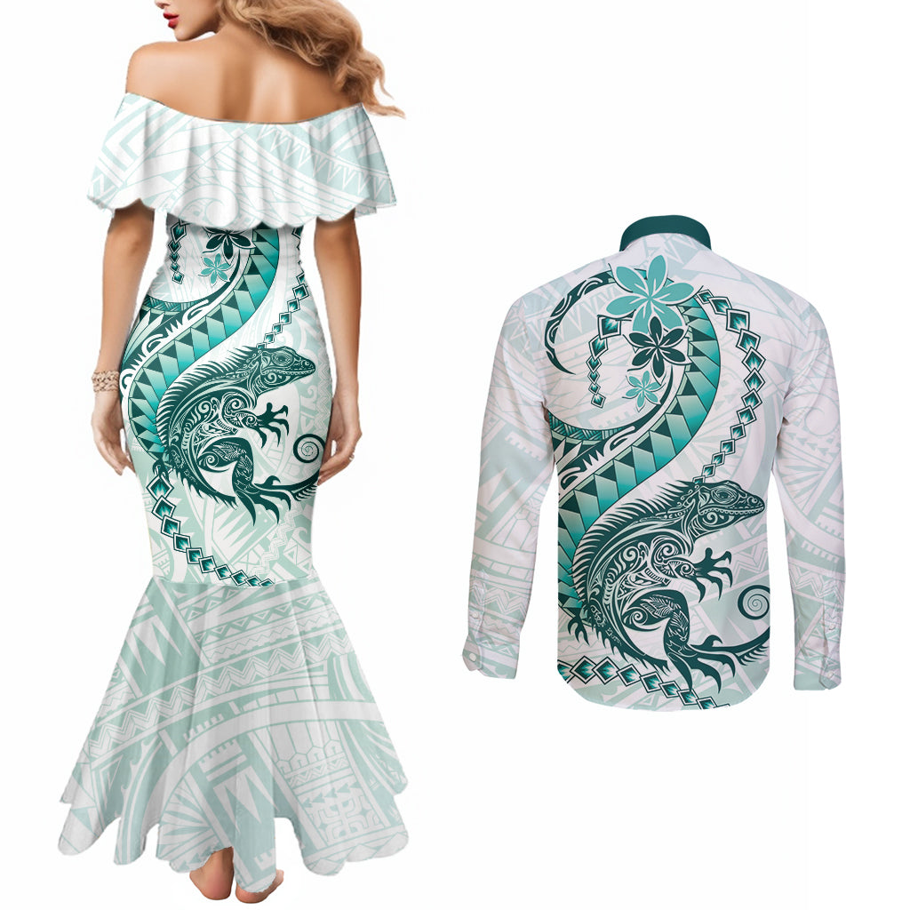 Teal Maori Tuatara Couples Matching Mermaid Dress and Long Sleeve Button Shirt Luxury Pastel Pattern LT01 - Polynesian Pride