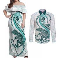 Teal Maori Tuatara Couples Matching Off Shoulder Maxi Dress and Long Sleeve Button Shirt Luxury Pastel Pattern LT01 Teal - Polynesian Pride