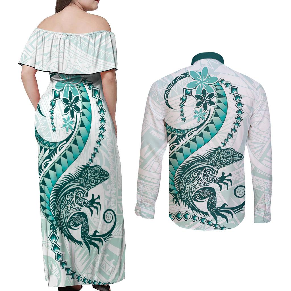 Teal Maori Tuatara Couples Matching Off Shoulder Maxi Dress and Long Sleeve Button Shirt Luxury Pastel Pattern LT01 - Polynesian Pride