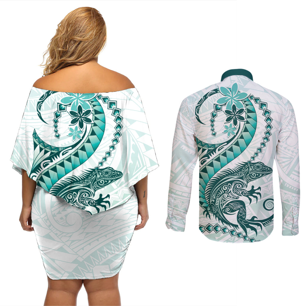 Teal Maori Tuatara Couples Matching Off Shoulder Short Dress and Long Sleeve Button Shirt Luxury Pastel Pattern LT01 - Polynesian Pride