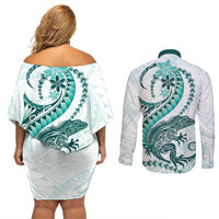 Teal Maori Tuatara Couples Matching Off Shoulder Short Dress and Long Sleeve Button Shirt Luxury Pastel Pattern LT01 - Polynesian Pride