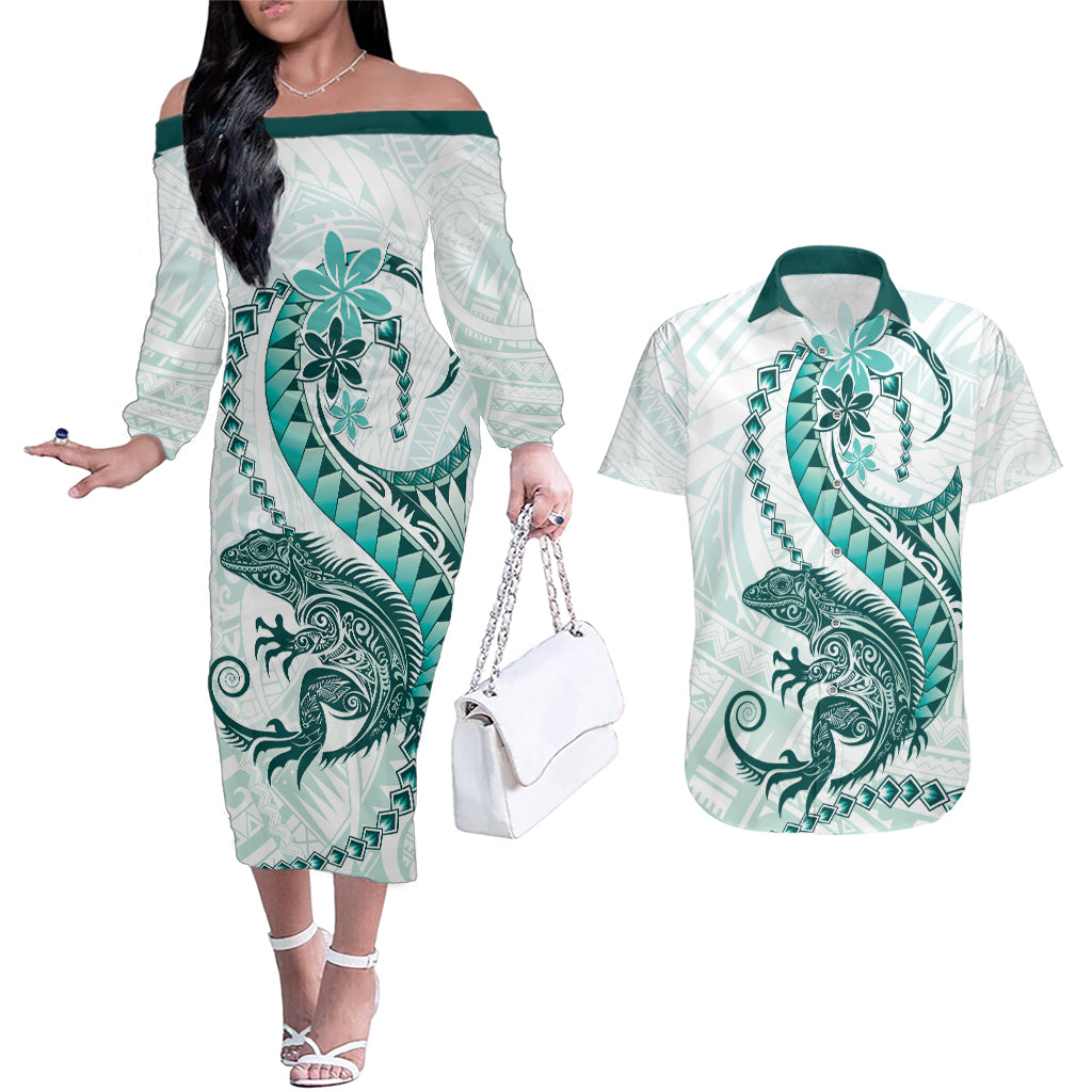 Teal Maori Tuatara Couples Matching Off The Shoulder Long Sleeve Dress and Hawaiian Shirt Luxury Pastel Pattern LT01 Teal - Polynesian Pride