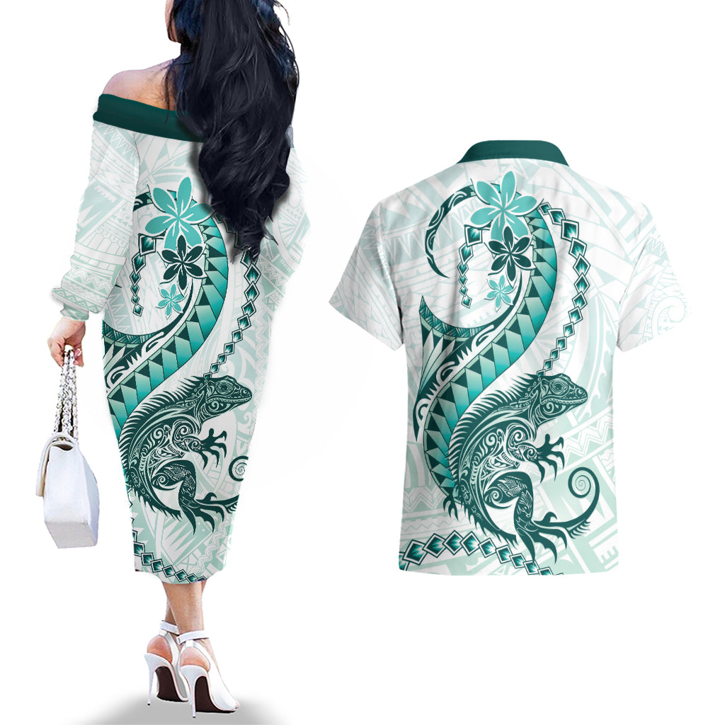 Teal Maori Tuatara Couples Matching Off The Shoulder Long Sleeve Dress and Hawaiian Shirt Luxury Pastel Pattern LT01 - Polynesian Pride