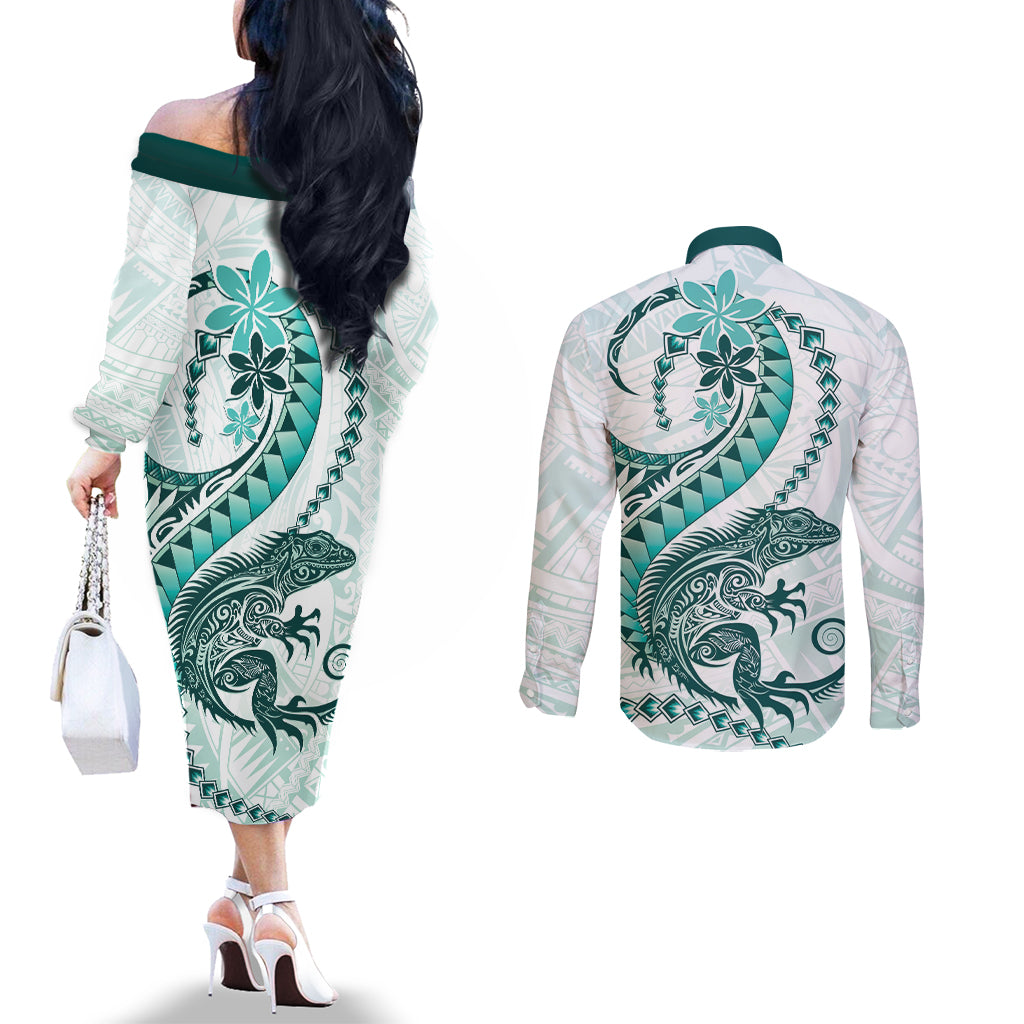 Teal Maori Tuatara Couples Matching Off The Shoulder Long Sleeve Dress and Long Sleeve Button Shirt Luxury Pastel Pattern LT01 - Polynesian Pride