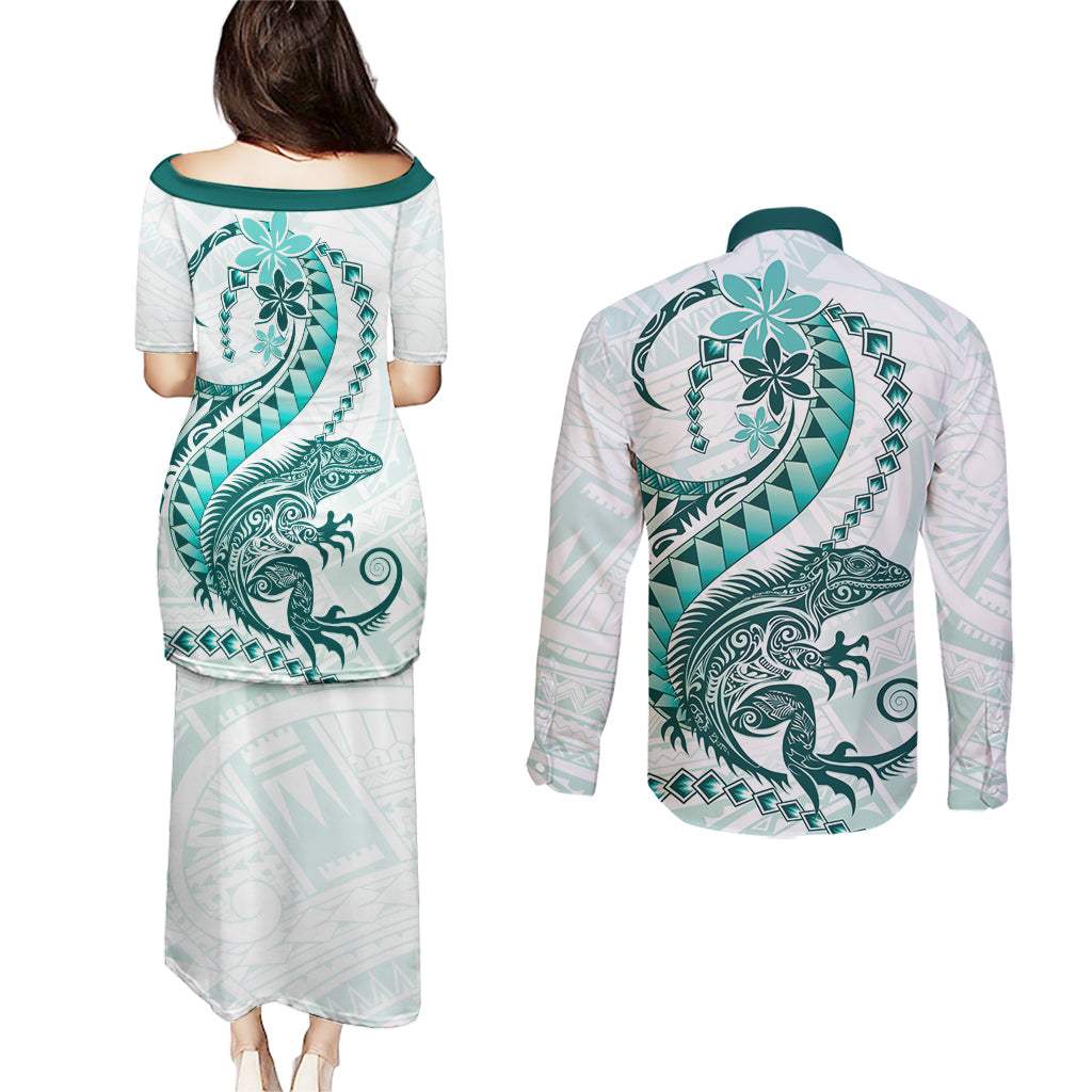 Teal Maori Tuatara Couples Matching Puletasi and Long Sleeve Button Shirt Luxury Pastel Pattern LT01 - Polynesian Pride