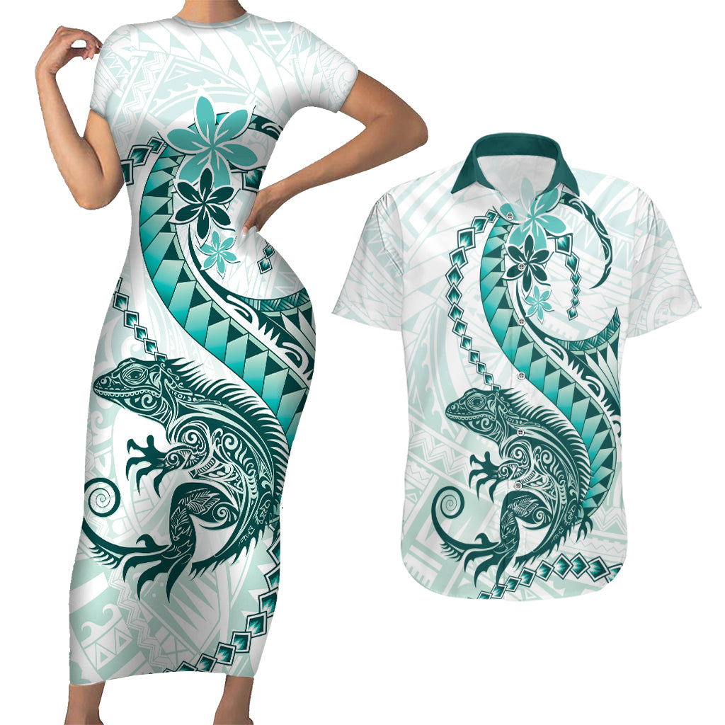 Teal Maori Tuatara Couples Matching Short Sleeve Bodycon Dress and Hawaiian Shirt Luxury Pastel Pattern LT01 Teal - Polynesian Pride