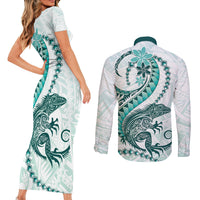Teal Maori Tuatara Couples Matching Short Sleeve Bodycon Dress and Long Sleeve Button Shirt Luxury Pastel Pattern LT01 - Polynesian Pride