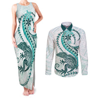 Teal Maori Tuatara Couples Matching Tank Maxi Dress and Long Sleeve Button Shirt Luxury Pastel Pattern LT01 Teal - Polynesian Pride