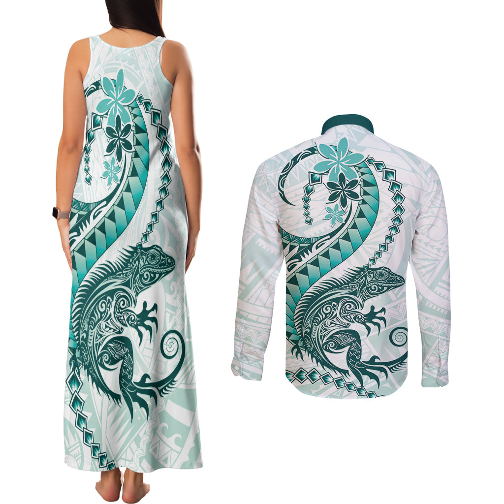 Teal Maori Tuatara Couples Matching Tank Maxi Dress and Long Sleeve Button Shirt Luxury Pastel Pattern LT01 - Polynesian Pride