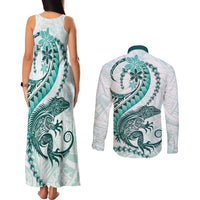 Teal Maori Tuatara Couples Matching Tank Maxi Dress and Long Sleeve Button Shirt Luxury Pastel Pattern LT01 - Polynesian Pride
