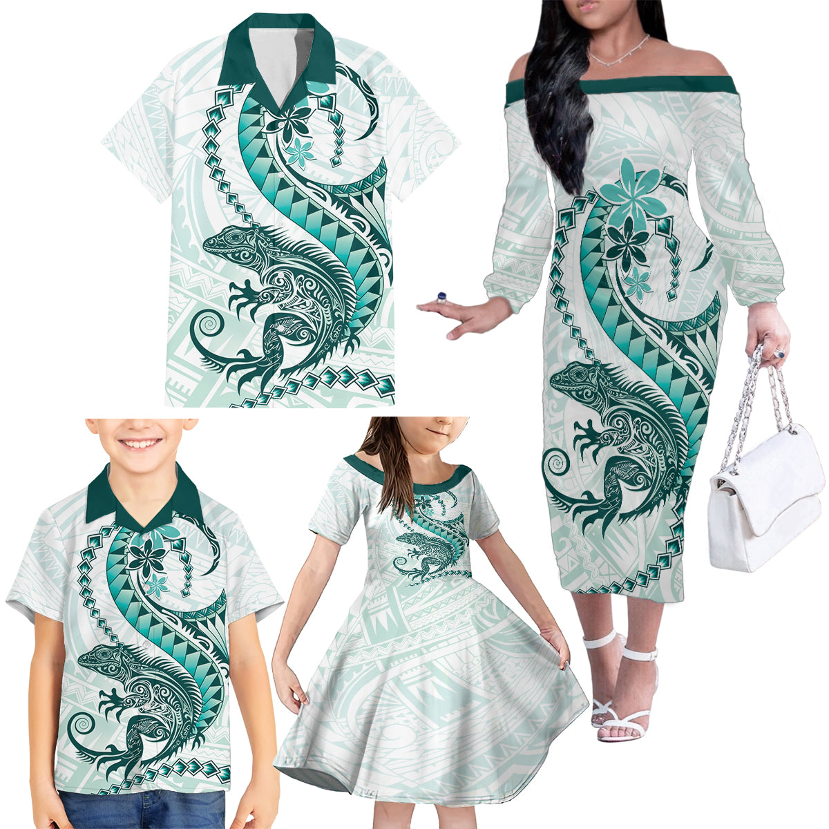 Teal Maori Tuatara Family Matching Off The Shoulder Long Sleeve Dress and Hawaiian Shirt Luxury Pastel Pattern