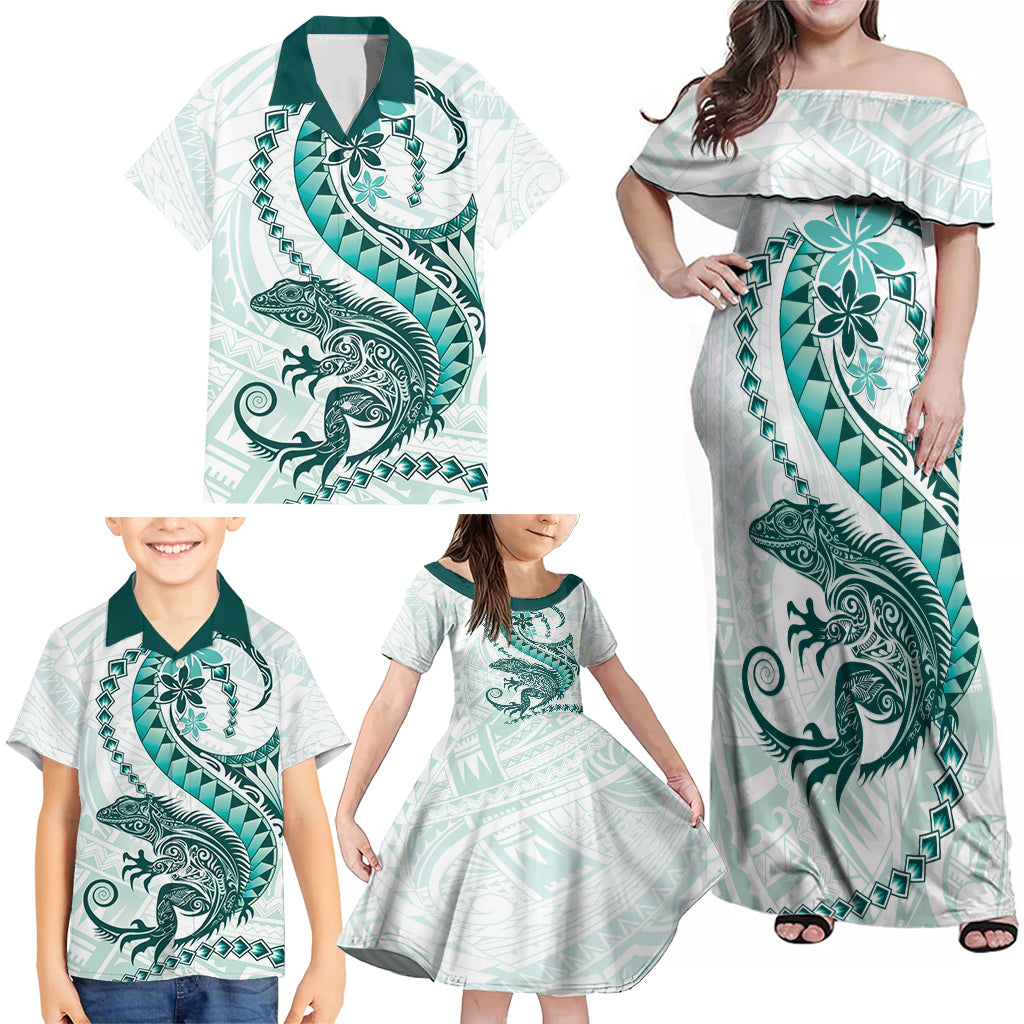 Teal Maori Tuatara Family Matching Off Shoulder Maxi Dress and Hawaiian Shirt Luxury Pastel Pattern LT01 - Polynesian Pride