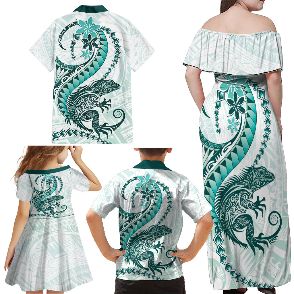 Teal Maori Tuatara Family Matching Off Shoulder Maxi Dress and Hawaiian Shirt Luxury Pastel Pattern LT01 - Polynesian Pride