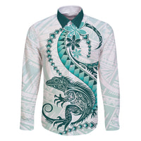 Teal Maori Tuatara Family Matching Off Shoulder Maxi Dress and Hawaiian Shirt Luxury Pastel Pattern LT01 Dad's Shirt - Long Sleeve Teal - Polynesian Pride