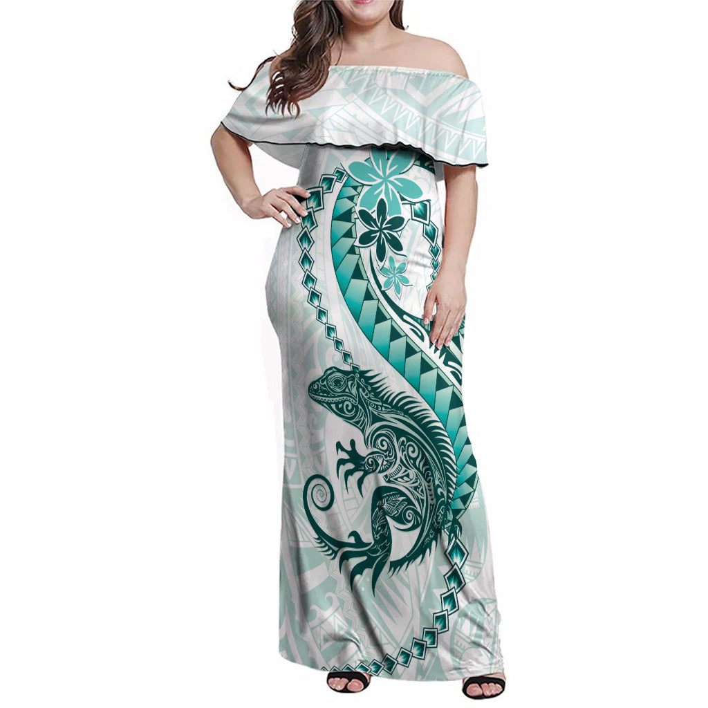Teal Maori Tuatara Family Matching Off Shoulder Maxi Dress and Hawaiian Shirt Luxury Pastel Pattern LT01 Mom's Dress Teal - Polynesian Pride