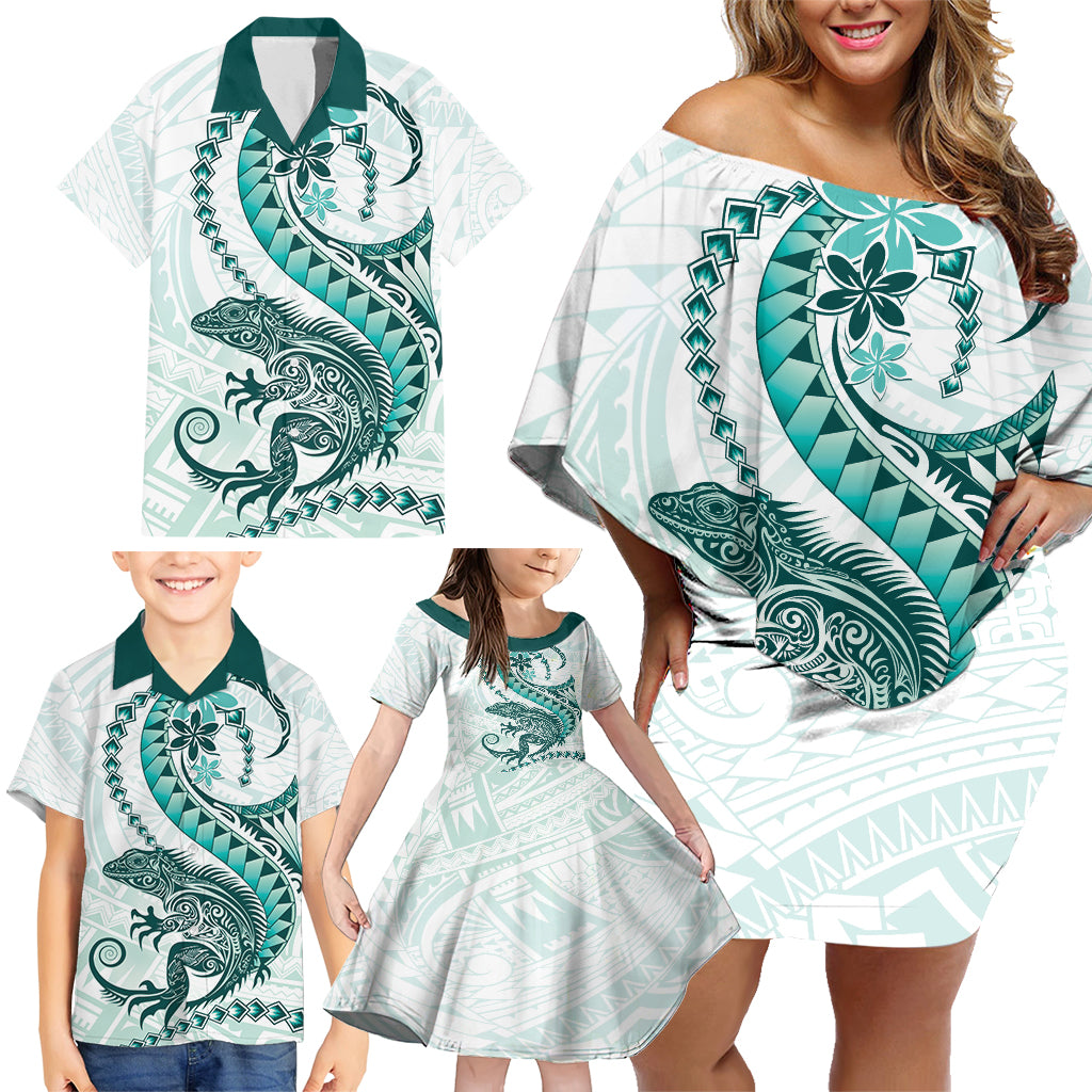 Teal Maori Tuatara Family Matching Off Shoulder Short Dress and Hawaiian Shirt Luxury Pastel Pattern