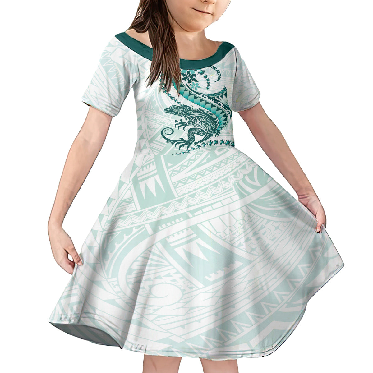 Teal Maori Tuatara Family Matching Puletasi and Hawaiian Shirt Luxury Pastel Pattern LT01 Daughter's Dress Teal - Polynesian Pride