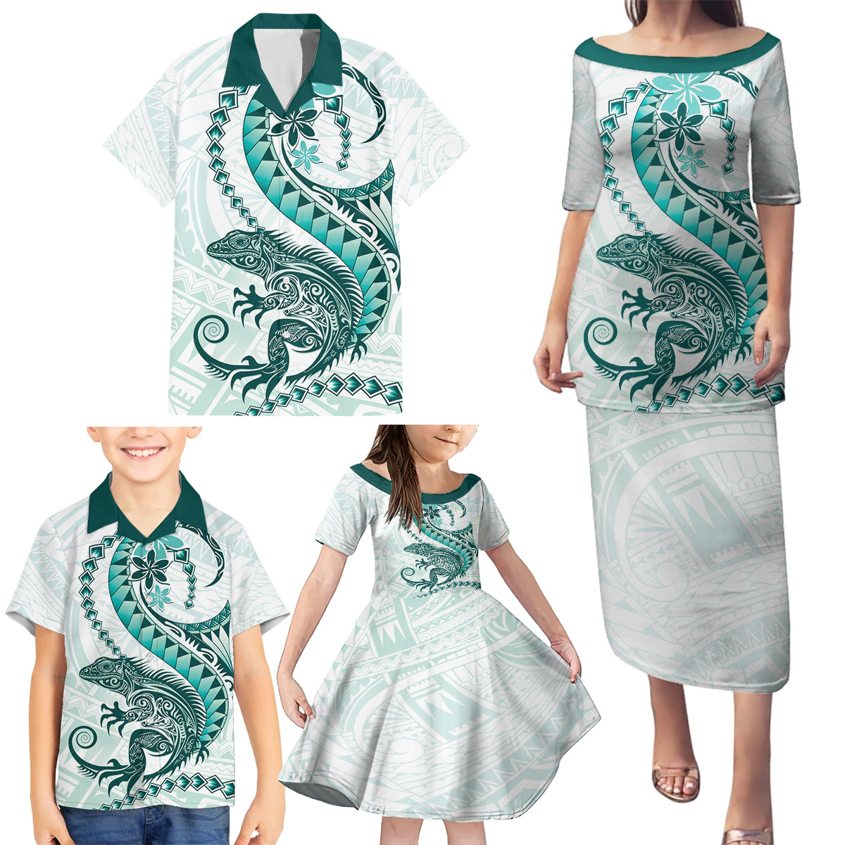 Teal Maori Tuatara Family Matching Puletasi and Hawaiian Shirt Luxury Pastel Pattern