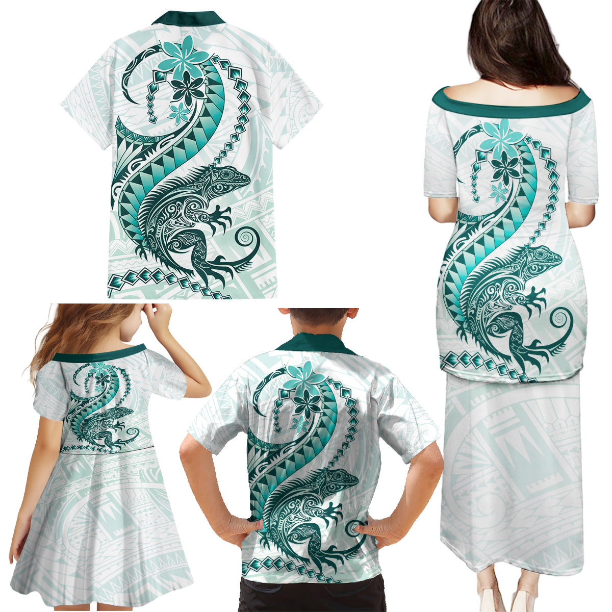 Teal Maori Tuatara Family Matching Puletasi and Hawaiian Shirt Luxury Pastel Pattern LT01 - Polynesian Pride