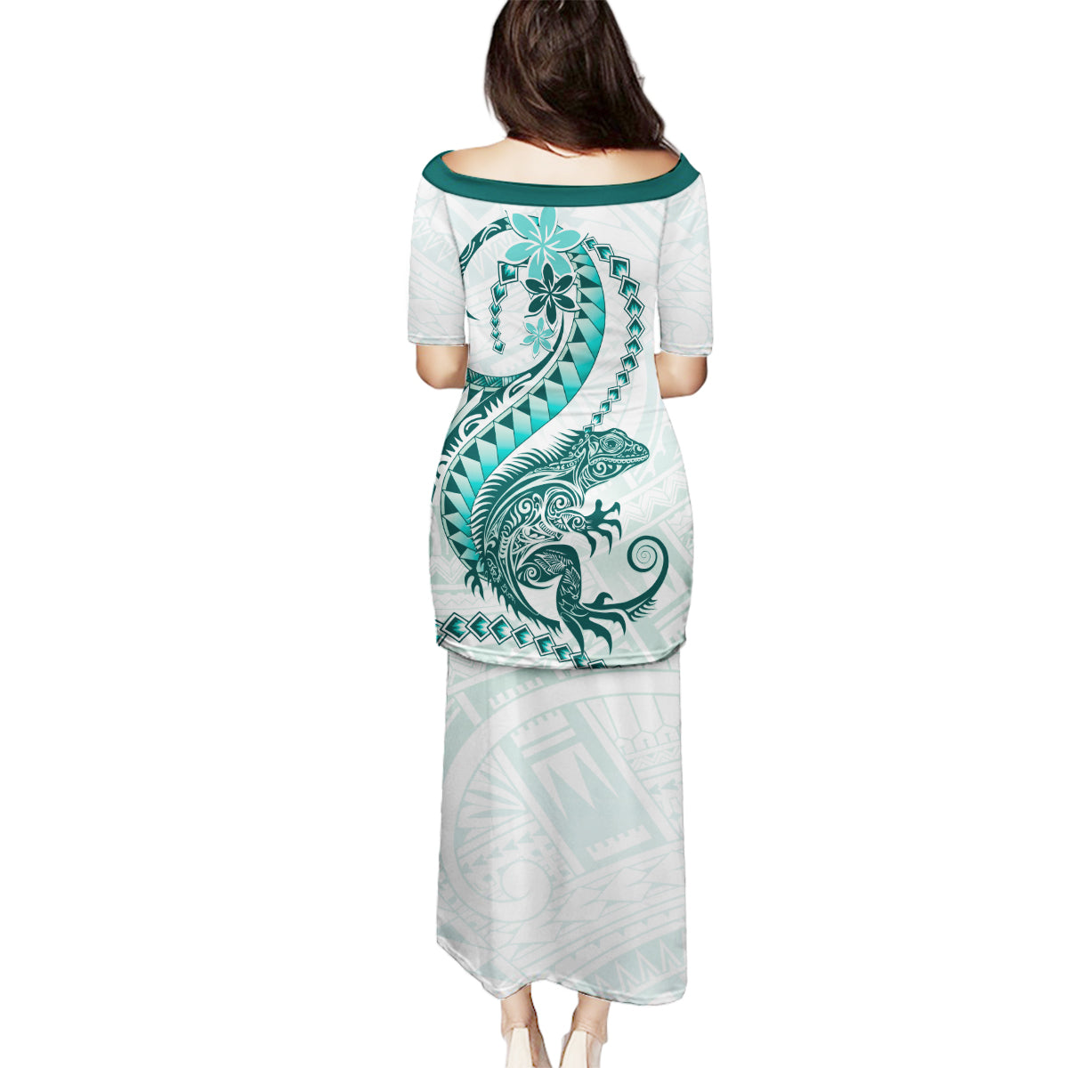 Teal Maori Tuatara Family Matching Puletasi and Hawaiian Shirt Luxury Pastel Pattern LT01 - Polynesian Pride