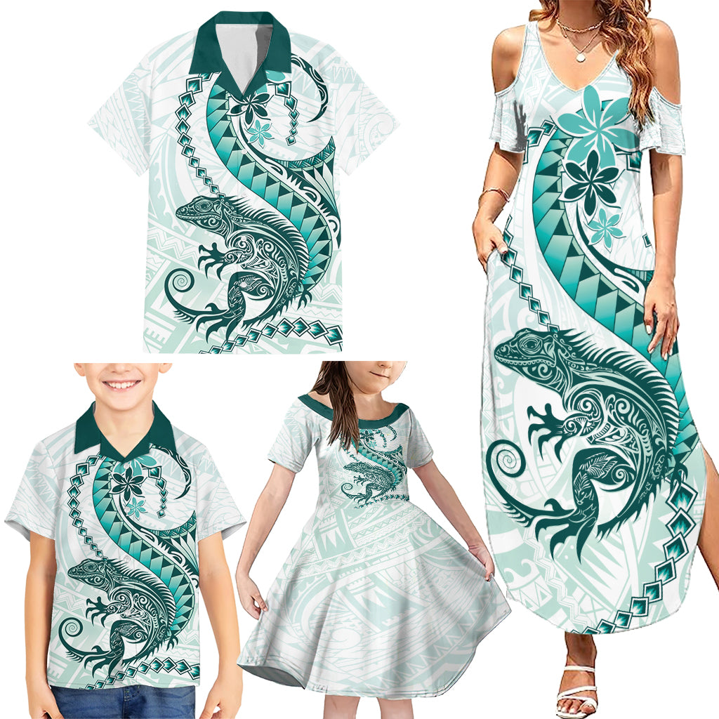 Teal Maori Tuatara Family Matching Summer Maxi Dress and Hawaiian Shirt Luxury Pastel Pattern