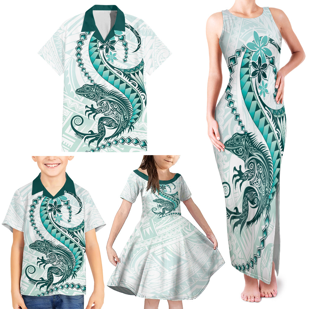 Teal Maori Tuatara Family Matching Tank Maxi Dress and Hawaiian Shirt Luxury Pastel Pattern LT01 - Polynesian Pride