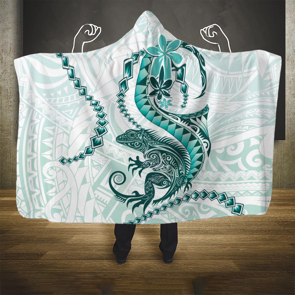 Teal Maori Tuatara Hooded Blanket Luxury Pastel Pattern