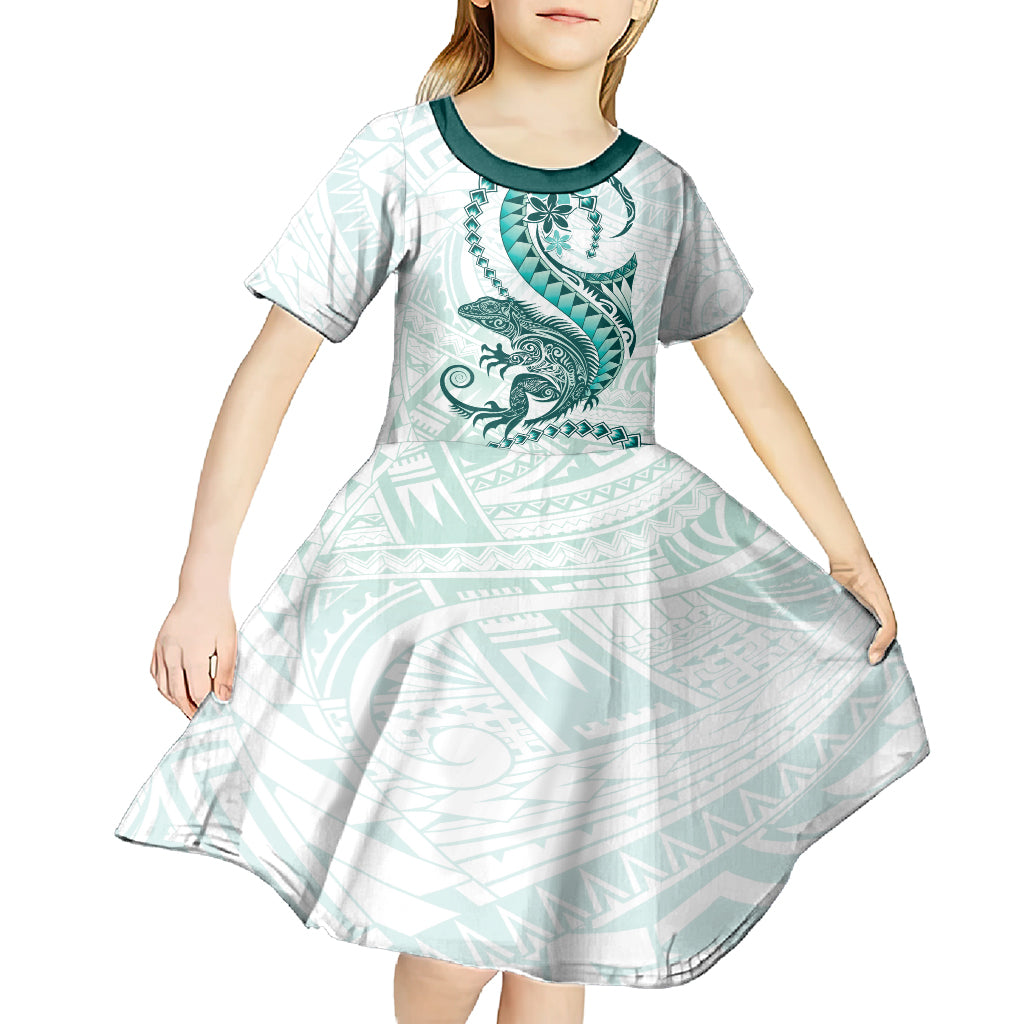 Teal Maori Tuatara Kid Short Sleeve Dress Luxury Pastel Pattern