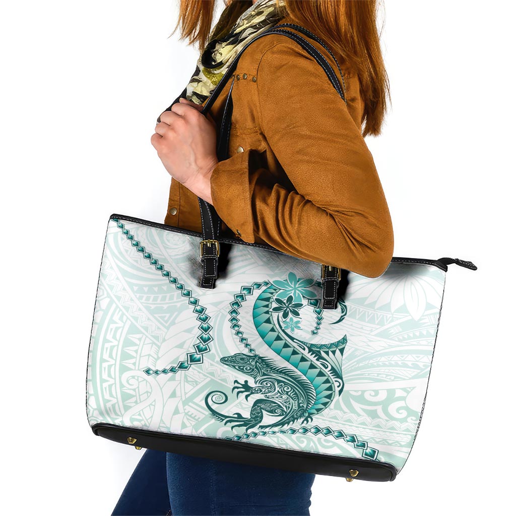 Teal Maori Tuatara Leather Tote Bag Luxury Pastel Pattern