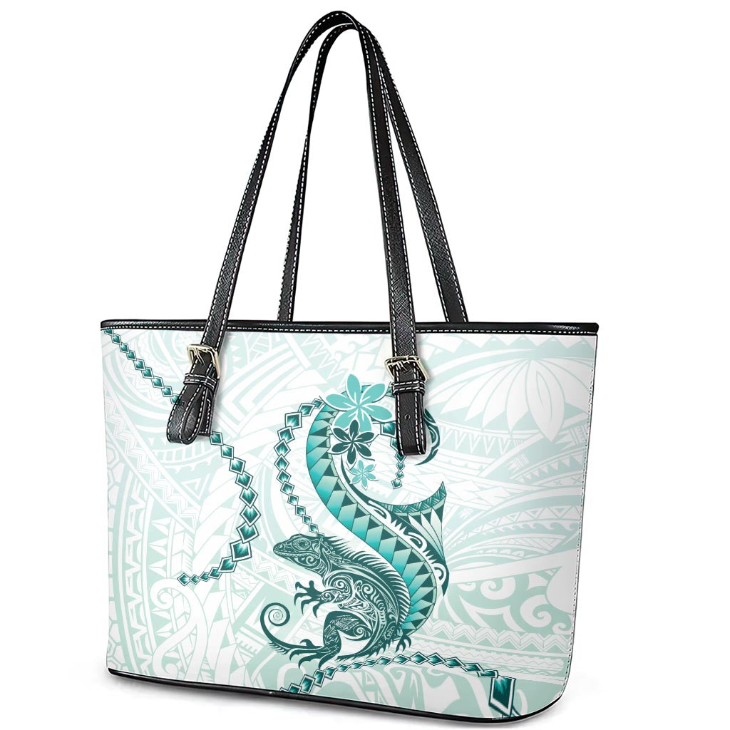 Teal Maori Tuatara Leather Tote Bag Luxury Pastel Pattern LT01 - Polynesian Pride