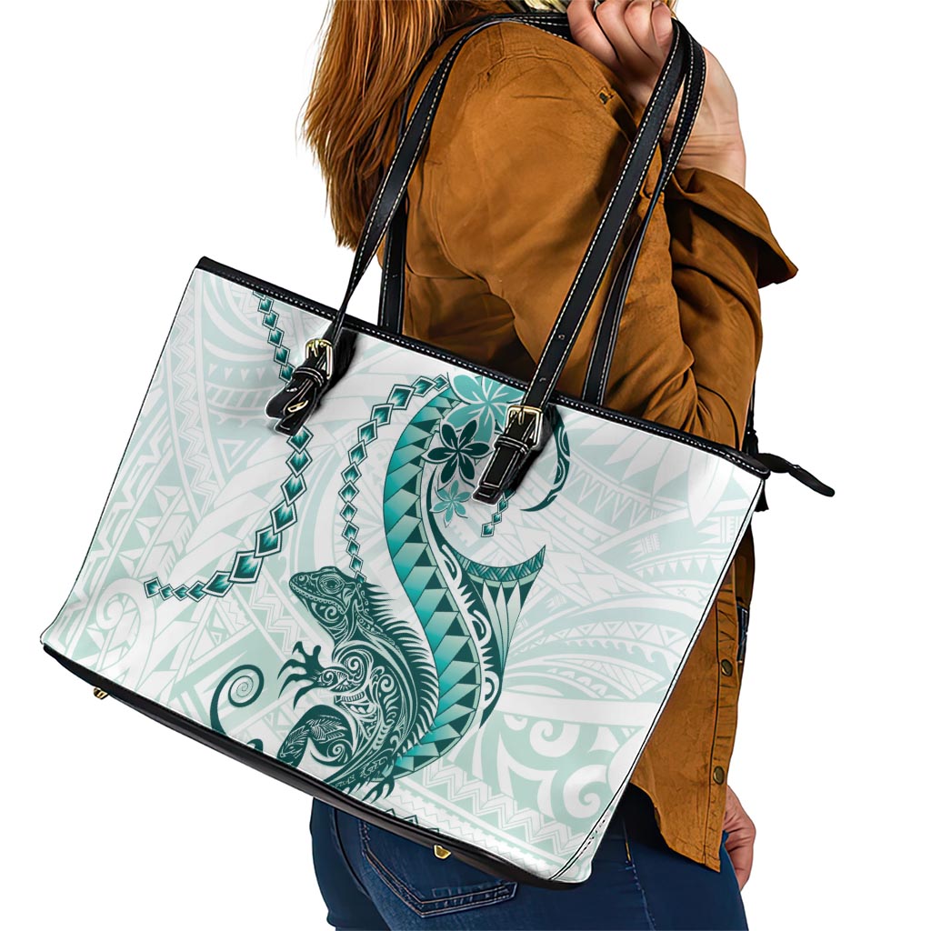 Teal Maori Tuatara Leather Tote Bag Luxury Pastel Pattern LT01 - Polynesian Pride