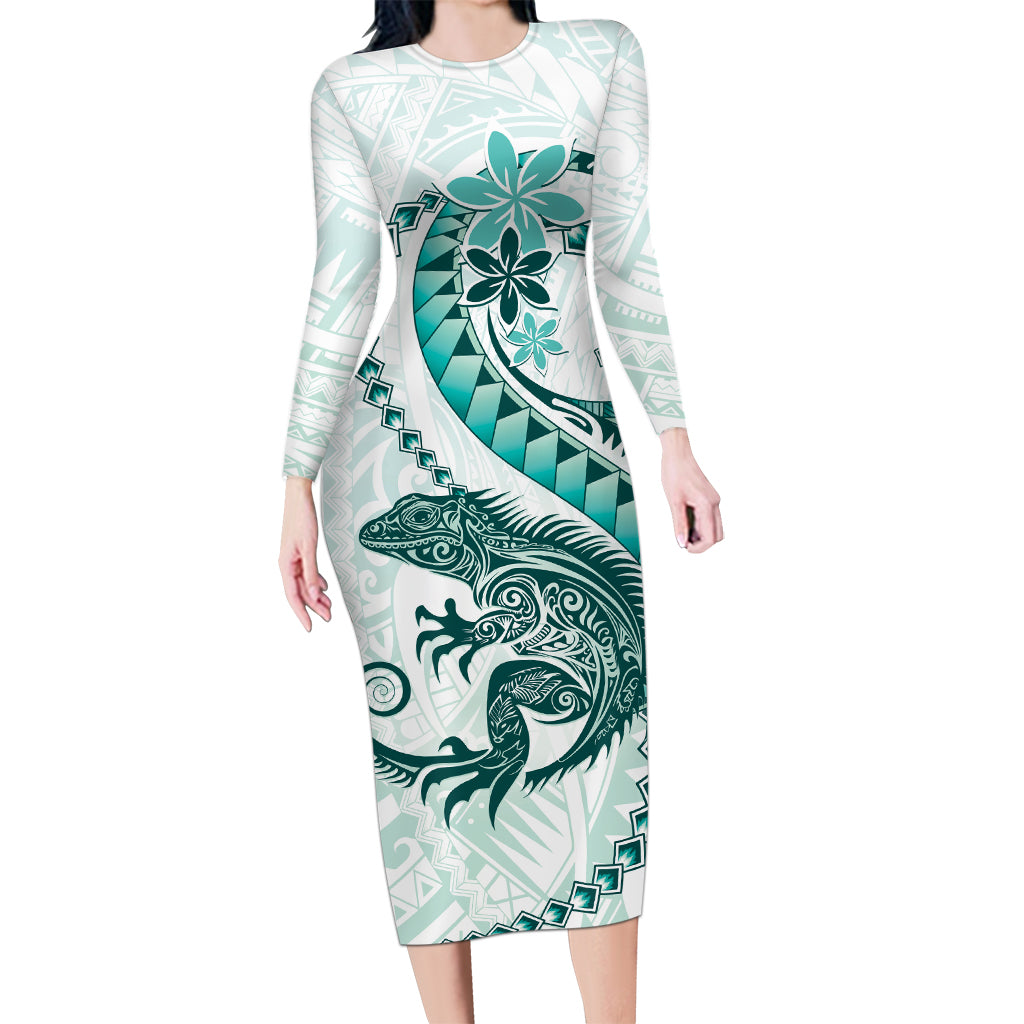 Teal Maori Tuatara Long Sleeve Bodycon Dress Luxury Pastel Pattern