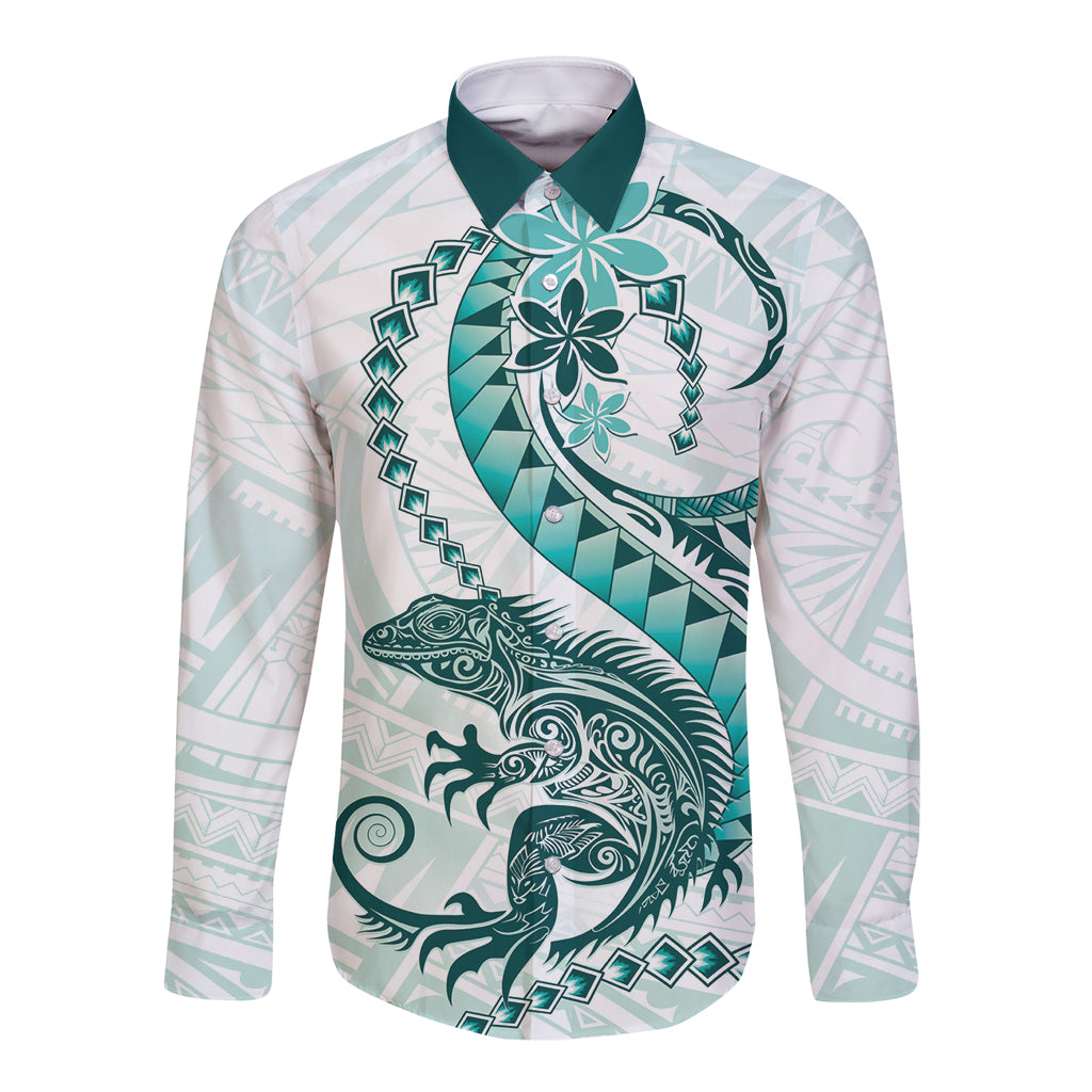 Teal Maori Tuatara Long Sleeve Button Shirt Luxury Pastel Pattern