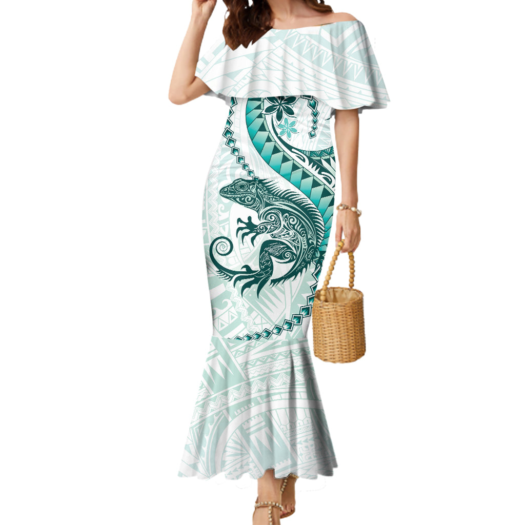 Teal Maori Tuatara Mermaid Dress Luxury Pastel Pattern