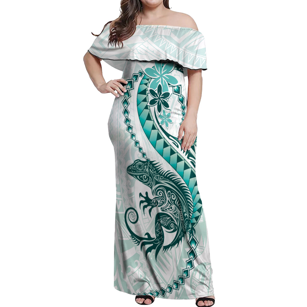 Teal Maori Tuatara Off Shoulder Maxi Dress Luxury Pastel Pattern LT01 Women Teal - Polynesian Pride