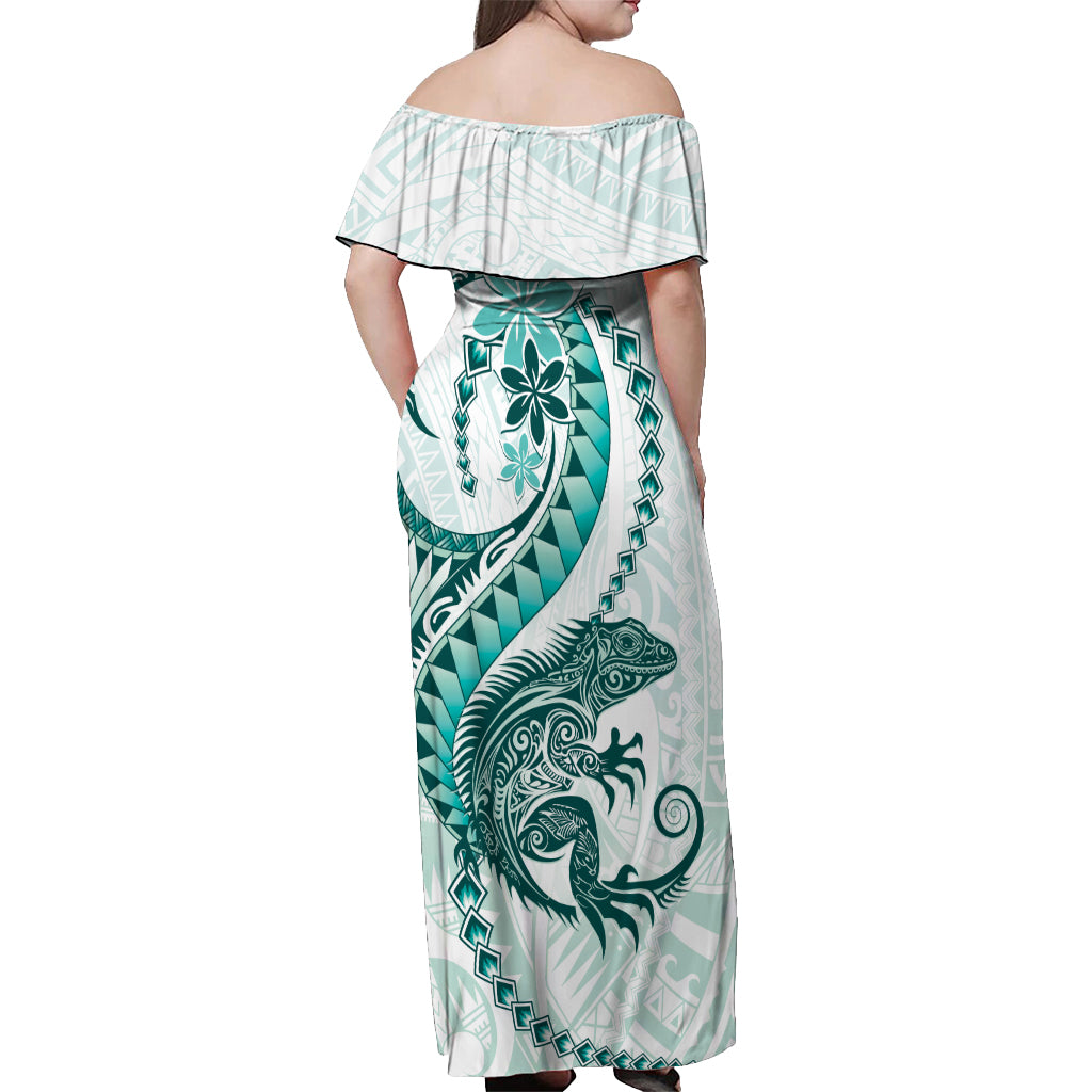 Teal Maori Tuatara Off Shoulder Maxi Dress Luxury Pastel Pattern LT01 - Polynesian Pride