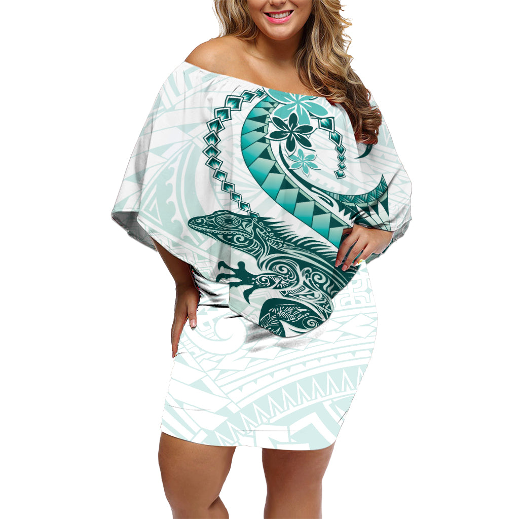 Teal Maori Tuatara Off Shoulder Short Dress Luxury Pastel Pattern LT01 Women Teal - Polynesian Pride