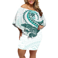 Teal Maori Tuatara Off Shoulder Short Dress Luxury Pastel Pattern LT01 Women Teal - Polynesian Pride