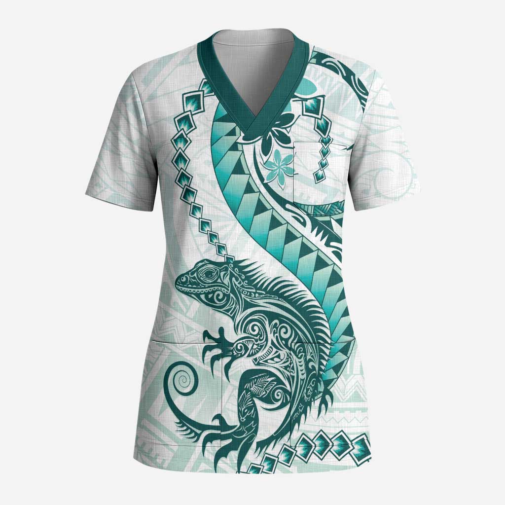 Teal Maori Tuatara Scrub Top Luxury Pastel Pattern - Polynesian Pride