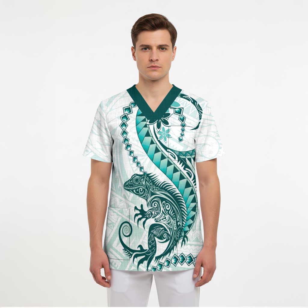 Teal Maori Tuatara Scrub Top Luxury Pastel Pattern - Polynesian Pride
